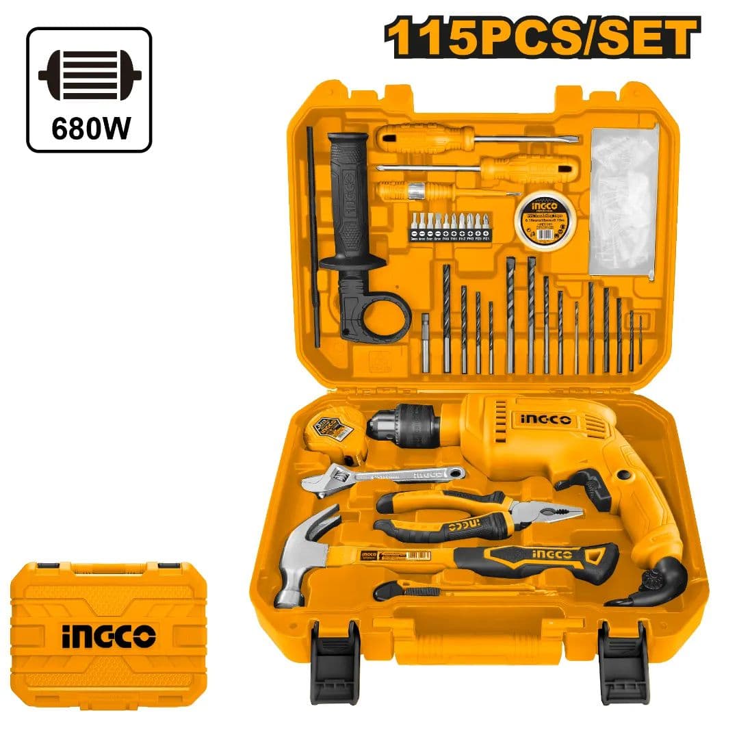 Perceuse INGCO 680 W + 115 Pièces jeu d'outils