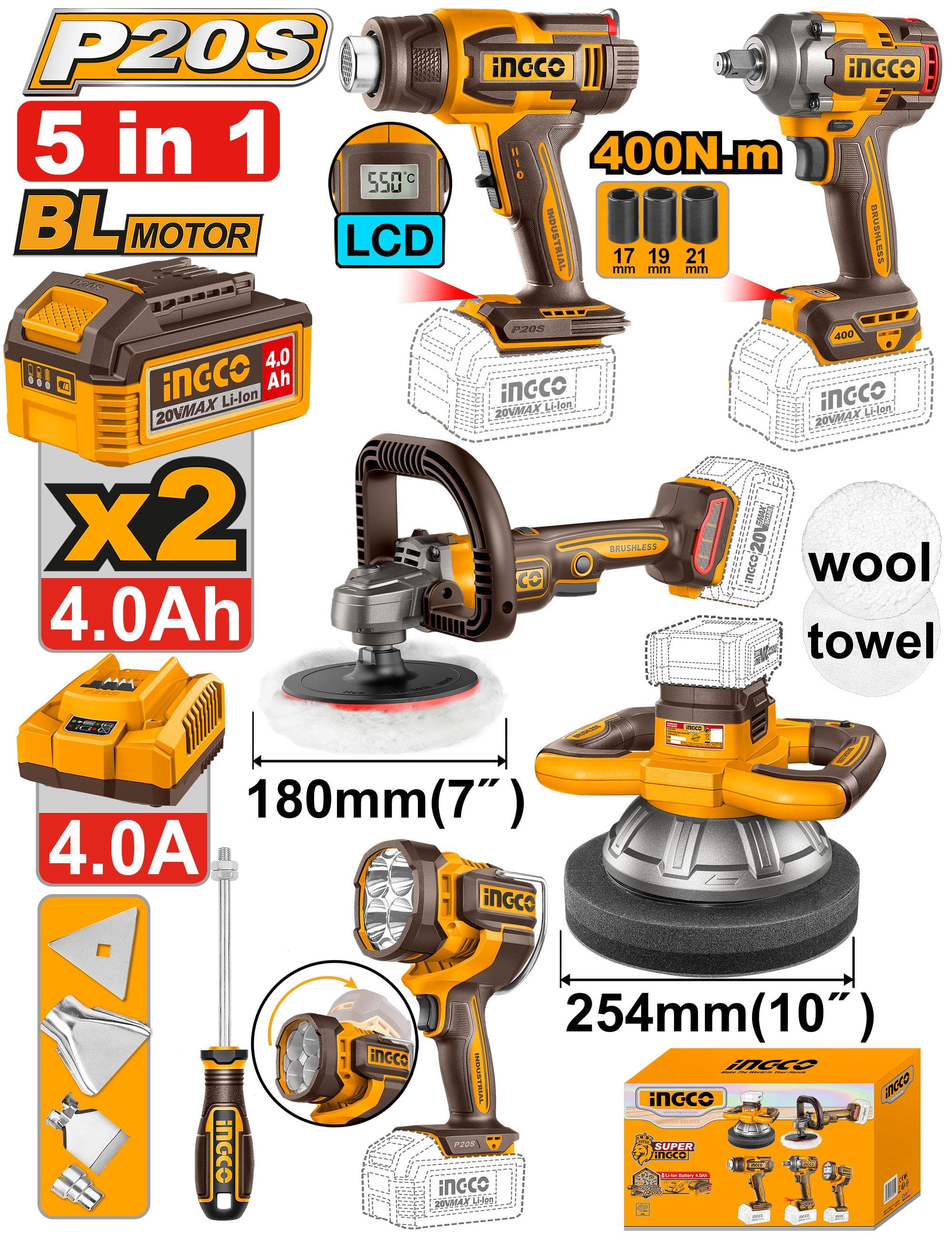 PACK INGCO CORDLESS 5 PCS 20V (cosli250592)