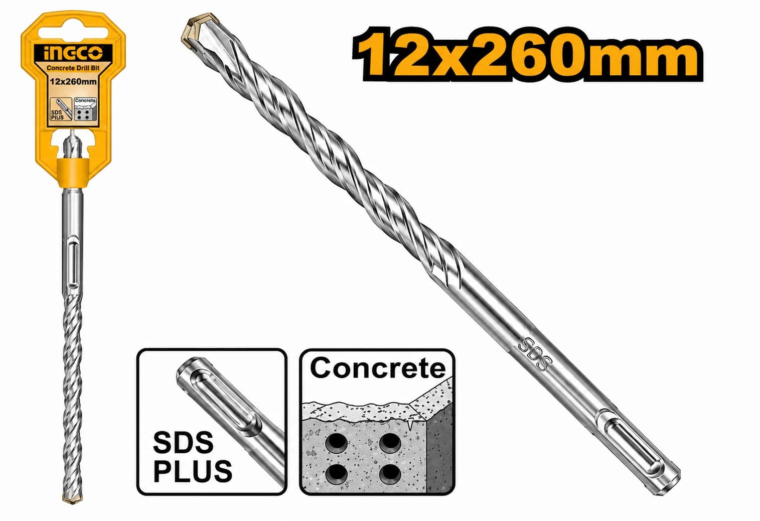 Foret à Béton 12 × 260 mm, SDS Plus - INGCO
