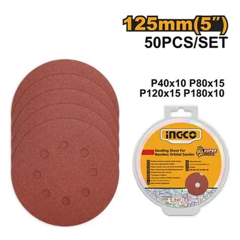 Jeu Feuilles Abrasives Ponceuse Orbitale 50 Pièces 125 mm - INGCO
