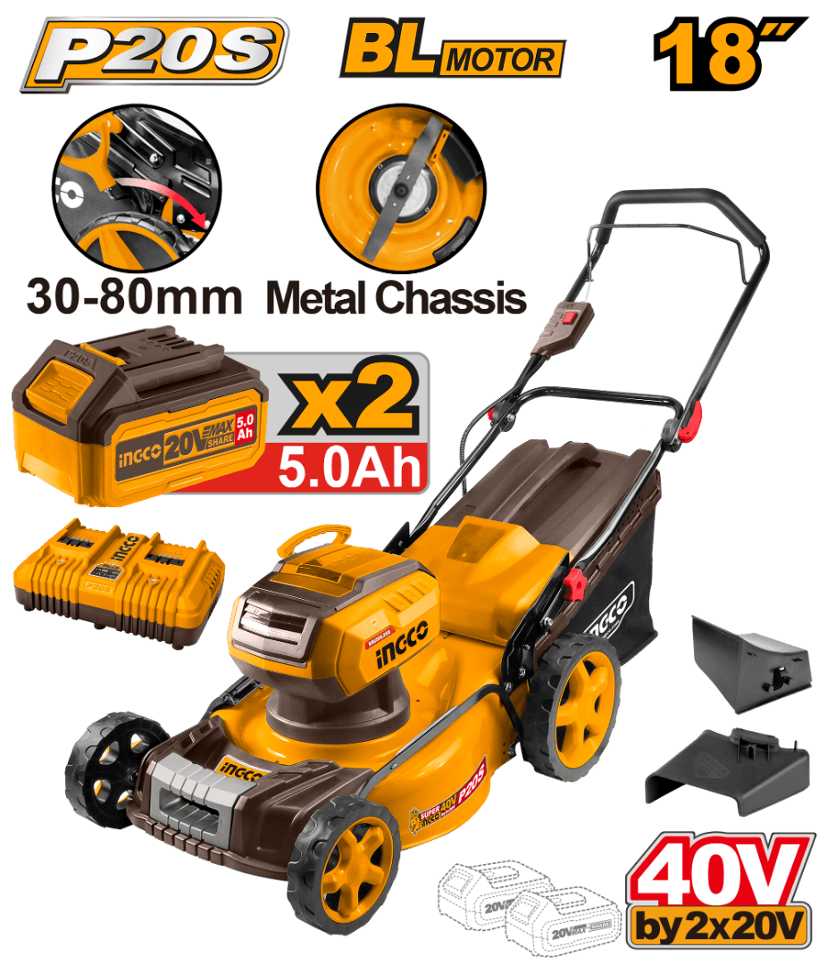 Tondeuse 40 V 2batteries 5 Ah 460 mm 60 L - INGCO