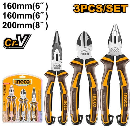 Jeu de 3 pinces Universelle 200 mm + Diagonale 160 mm + Bec Long 160 mm - INGCO