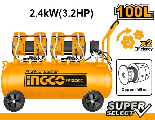 Compresseur Silencieux 100 L 2 × 1200 W (3,2 HP) - INGCO