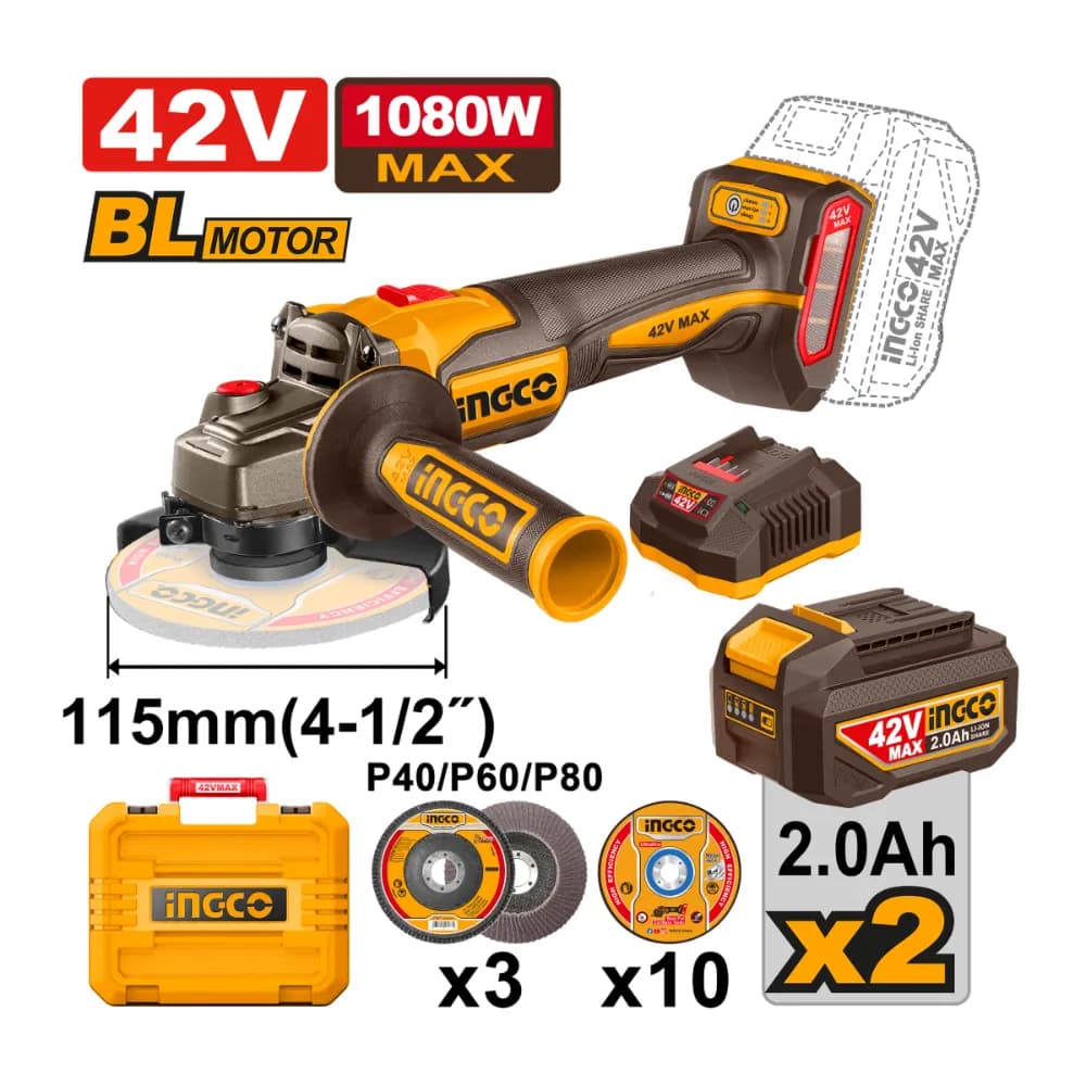 Meuleuse D'angle sans Fil 115 mm 42 V 1080 W Avec 2 Batterie et 1 Chargeur - INGCO