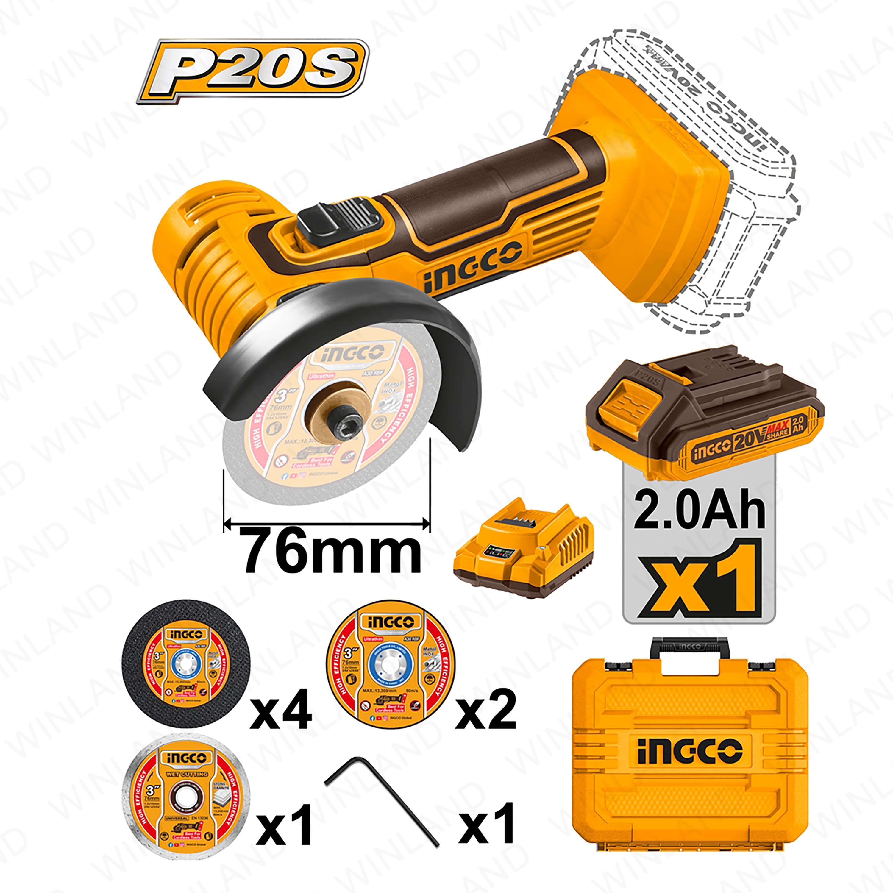 Mallette Meuleuse 76 mm 20 V 1 Batteries 7Discs - INGCO