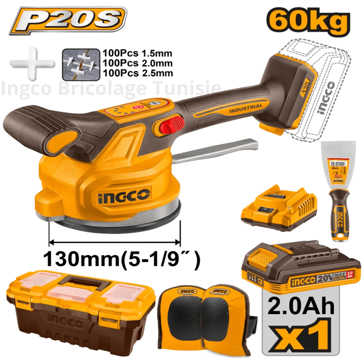Vibreur pour Carrelage 20 V pour Carreaux - 60 kg - 130 mm - INGCO