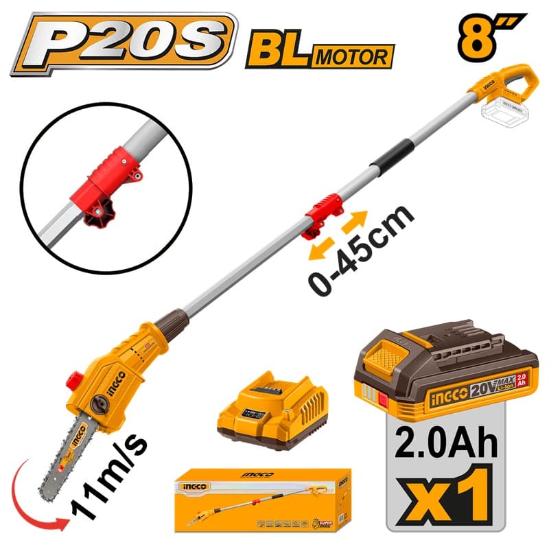 Scie sur Perche 20 V 8" - Avec 1 batterie 2,0 Ah + Chargeur - INGCO
