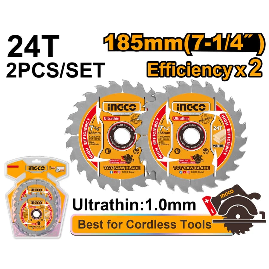 Jeu De 2 Lames De Scie TCT Ultra-Fines 185mm - INGCO